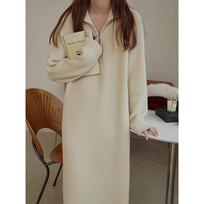 Women's Casual Dresses Autumn and Winter Knee-Length Sweater Skirt with Lazy Wind Loose Lapel Bottoming Knit Design