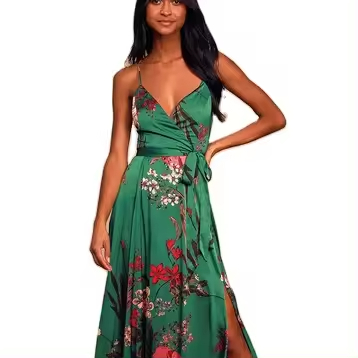 New Style Floral Explosive Digital Printed Strap sleeves V-neck Belted Side slit Cut Sexy Printed Wrap Dresses For Women