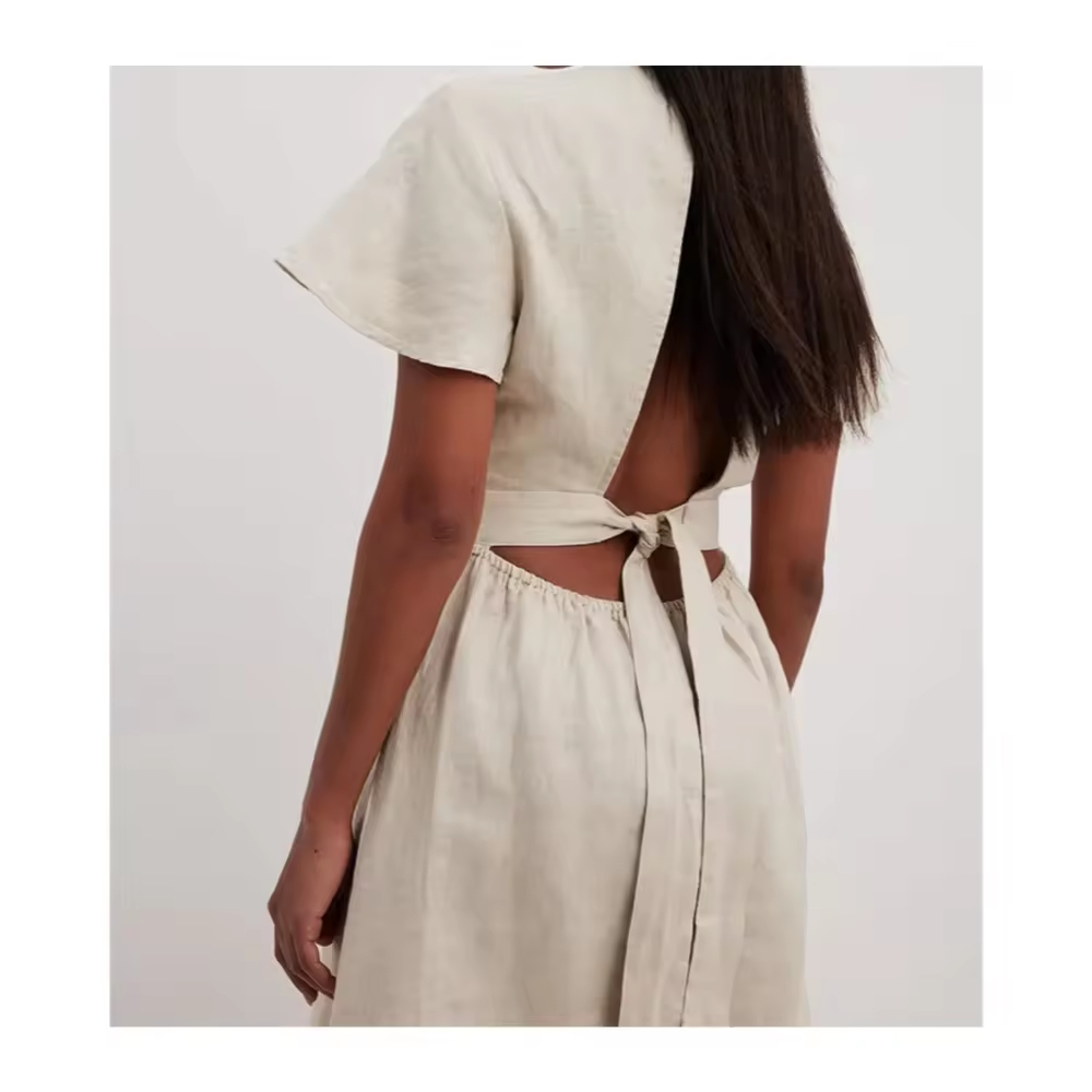 Factory wholesale Pretty cute summer dresses Linen cotton Flowy Tie Back Mini casual Dress for women