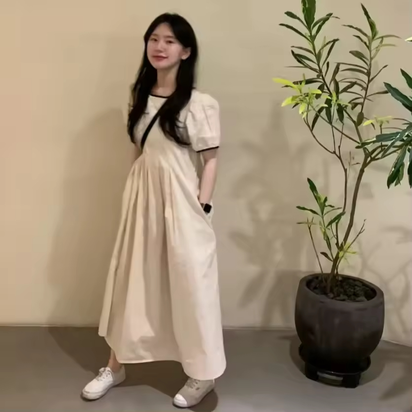 Hot Selling Japan Korean Dresses Small And Minimalist Round Neck Patchwork Contrasting Loose Casual Dress