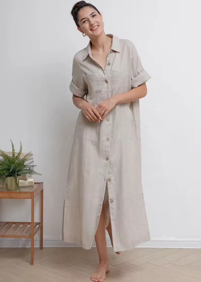 New Arrival Cotton Fabric Dress for Women Button Down Dress Short Sleeve V Neck Casual Shirt Cover up Dress For Women