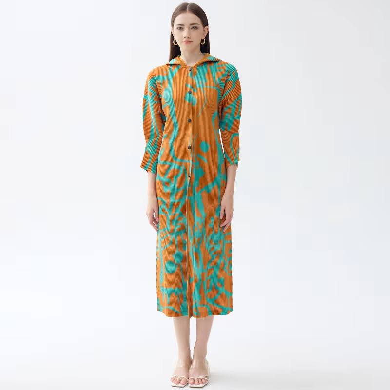 New Floral Printed Single-Breasted Pleated Hooded Dress Sun Proof Dress Casual Lady Slim Maillard Long Women's Clothing