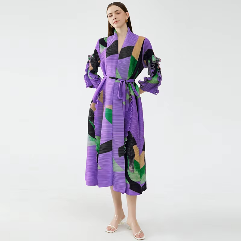 2024 Hotsale Open Long Dress Coat Ruffled Sleeves Luxury Pleated Clothing Color Blocking Women's dress
