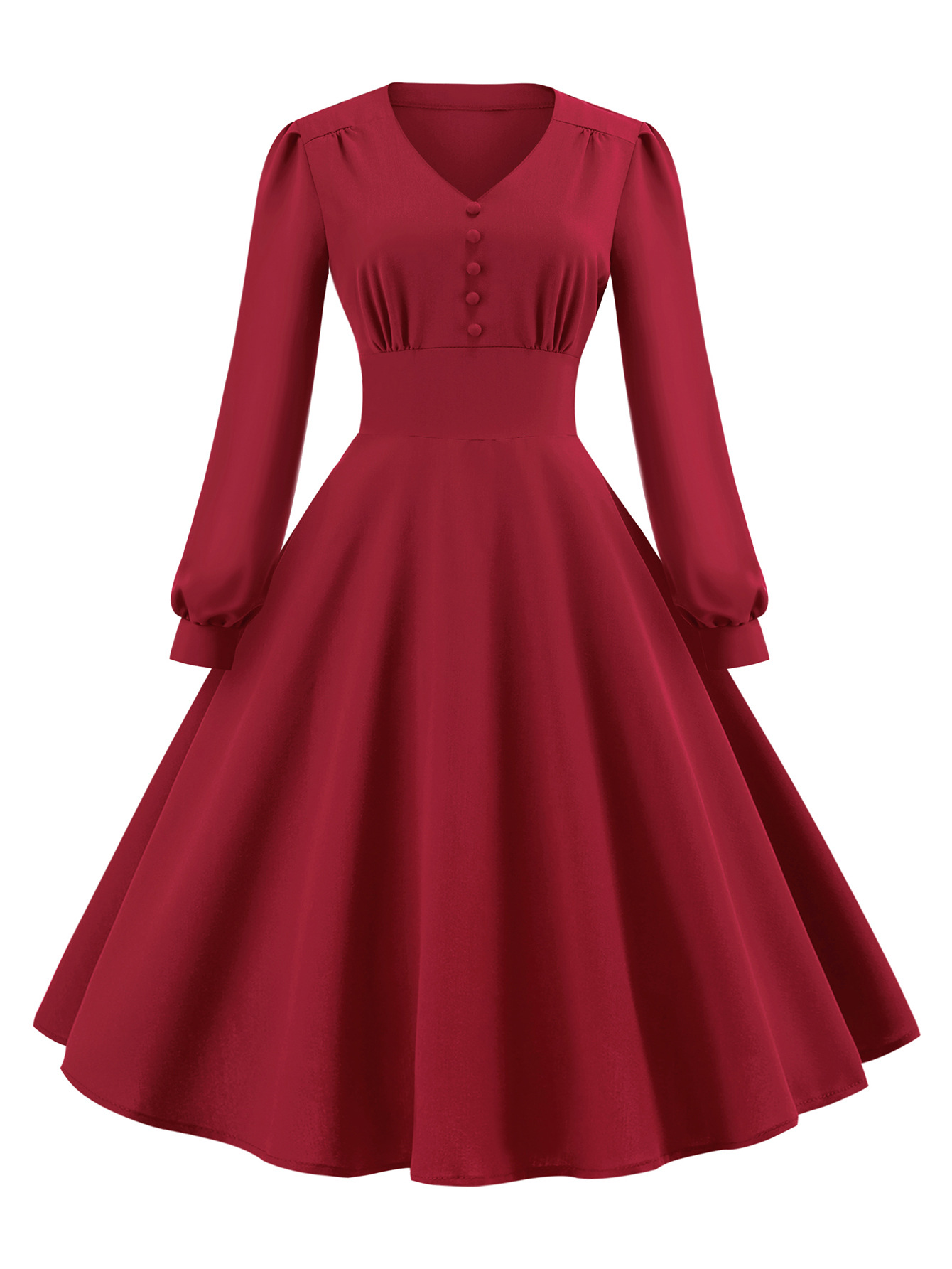 V-neck retro long sleeved button up large swing women dress