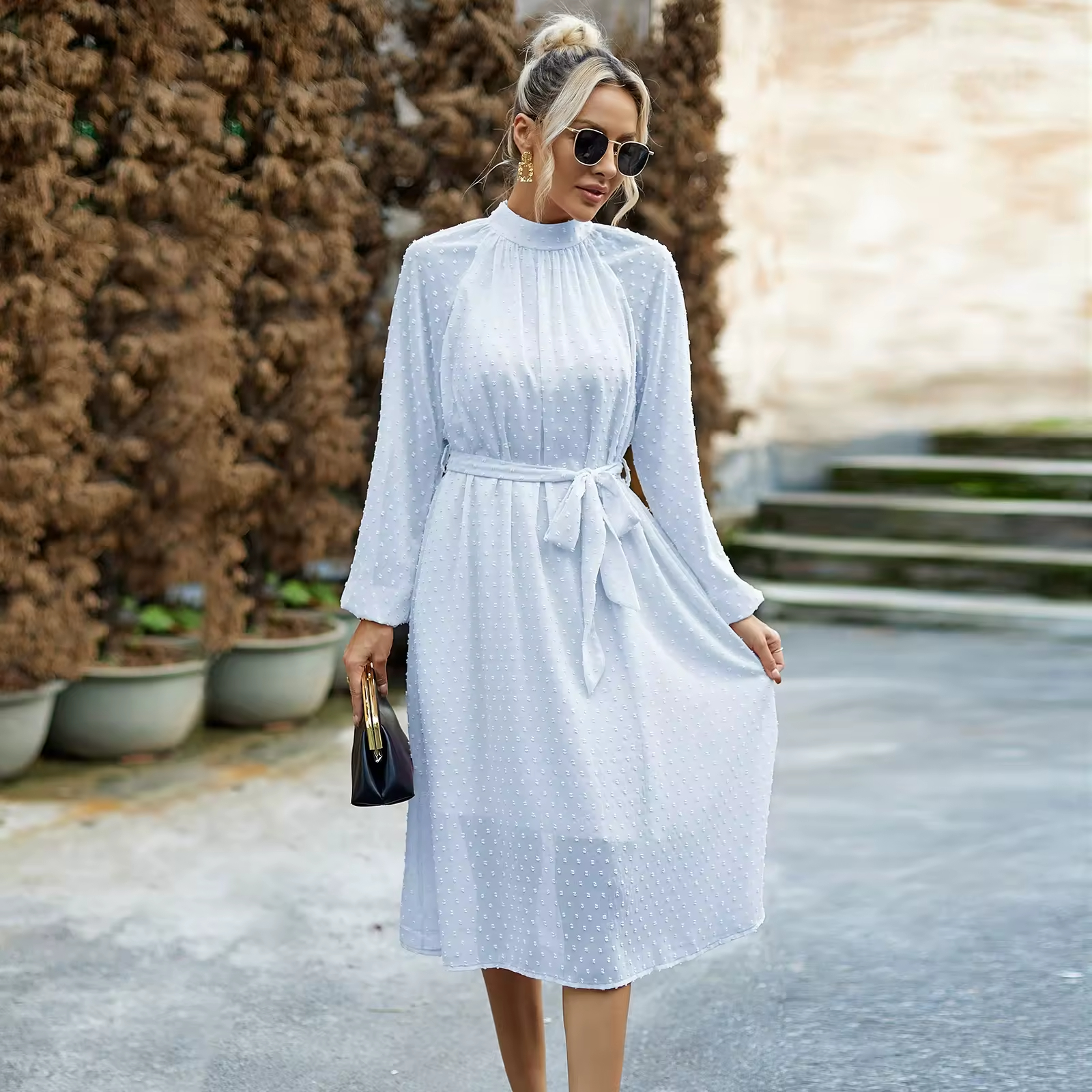 Elegant Long Sleeve Sexy Women s Fashion Hawaiian Chiffon Maxi Dress With Sleeves High O-Neck Flowy Swing Dress