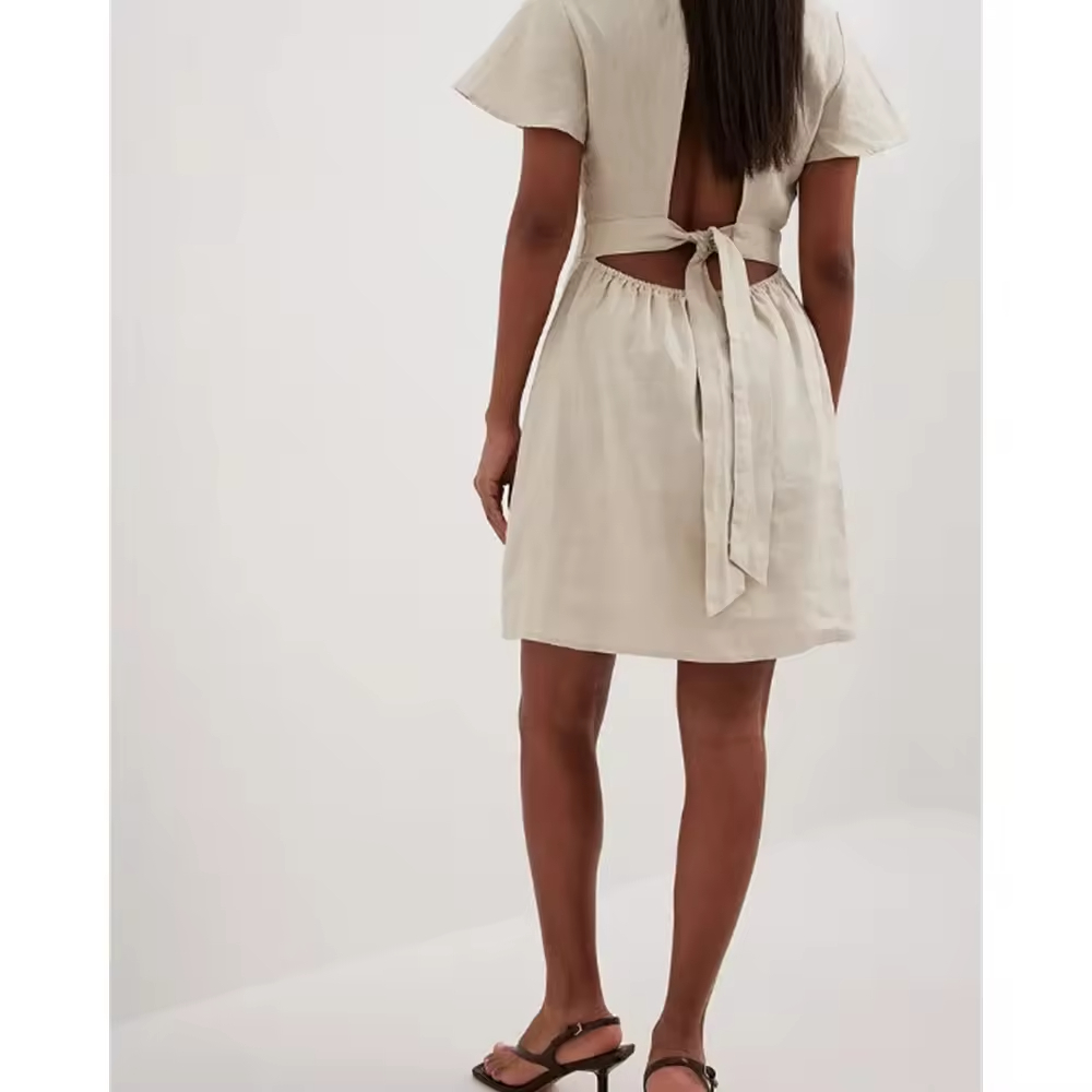 Factory wholesale Pretty cute summer dresses Linen cotton Flowy Tie Back Mini casual Dress for women