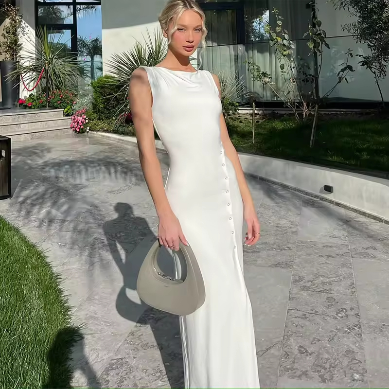 New Summer Crew Neck High Waist Solid Maxi Long Ladies Dresses Fashion Buttoned Slit Bodycon Sleeveless White Tank Dress Women