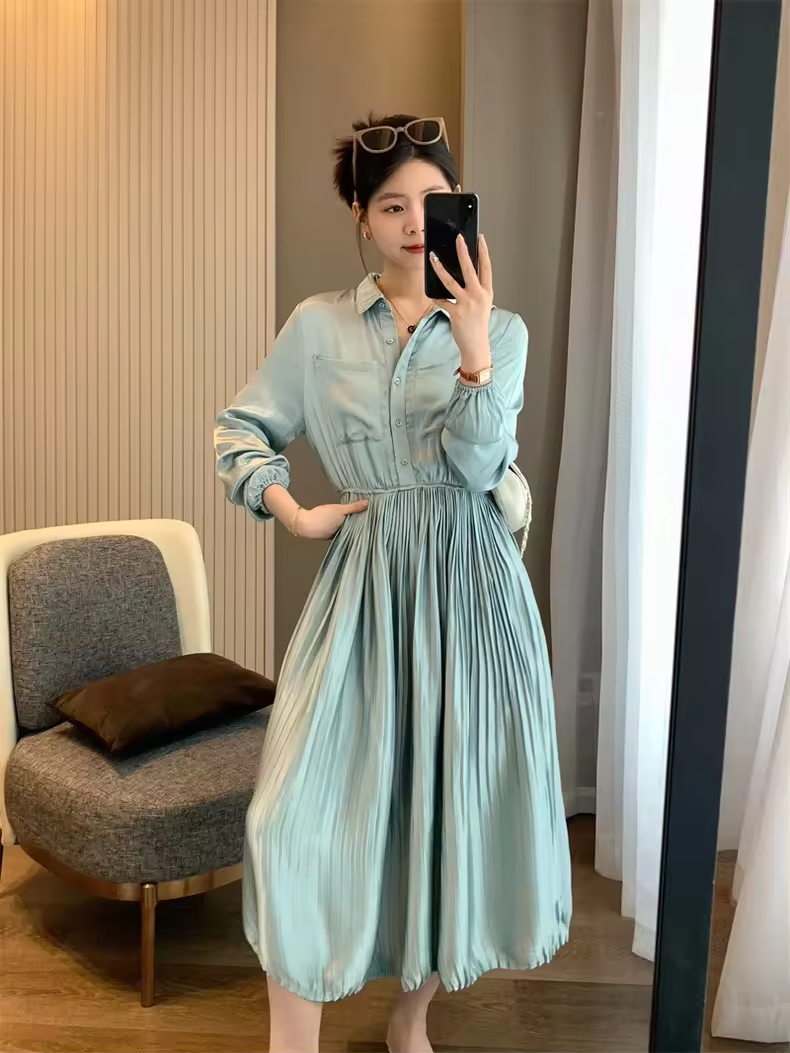 New Autumn Dress Japan Korean Style versatile Elegant Long Sleeve mid length satin shirt pleated Casual dress for Lady