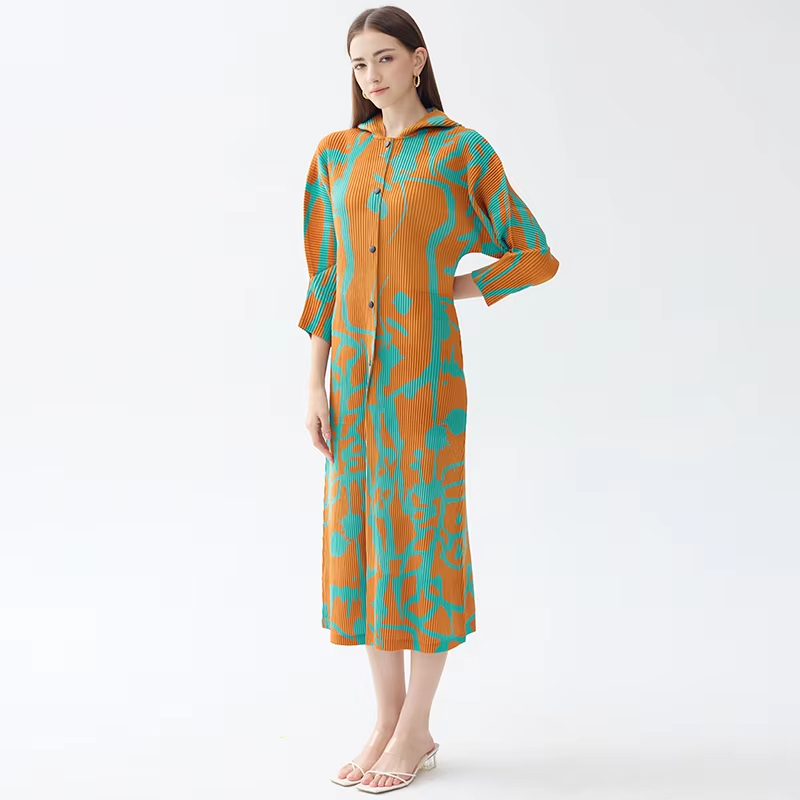 New Floral Printed Single-Breasted Pleated Hooded Dress Sun Proof Dress Casual Lady Slim Maillard Long Women's Clothing