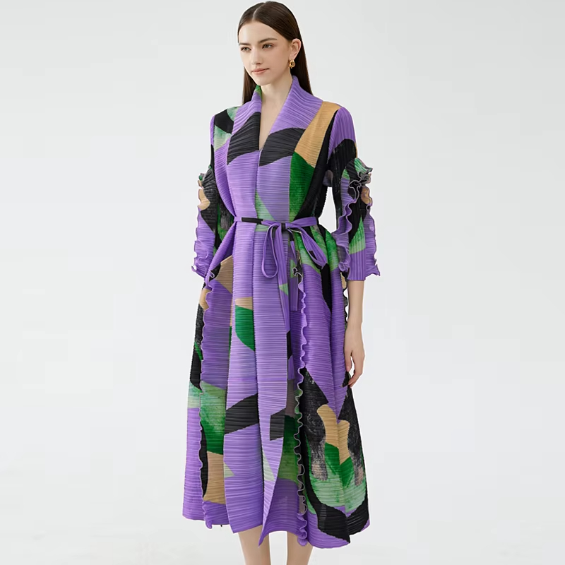2024 Hotsale Open Long Dress Coat Ruffled Sleeves Luxury Pleated Clothing Color Blocking Women's dress