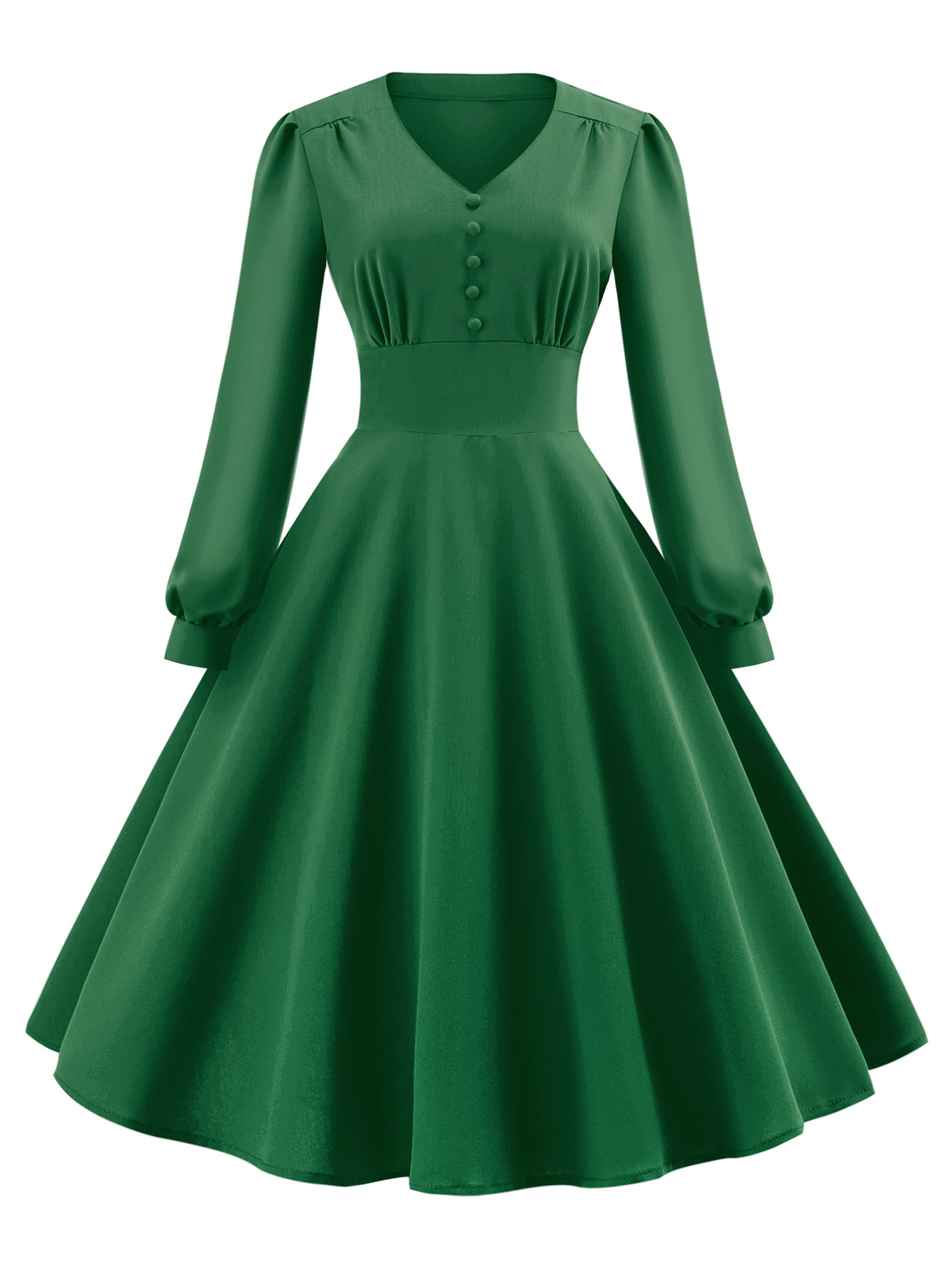 V-neck retro long sleeved button up large swing women dress