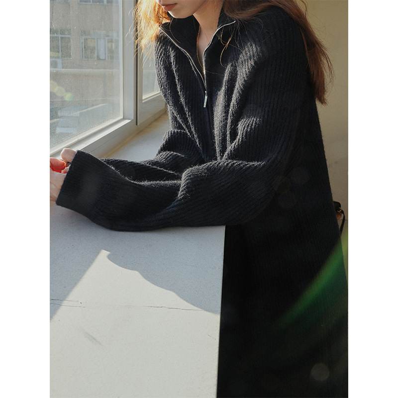 Women's Casual Dresses Autumn and Winter Knee-Length Sweater Skirt with Lazy Wind Loose Lapel Bottoming Knit Design