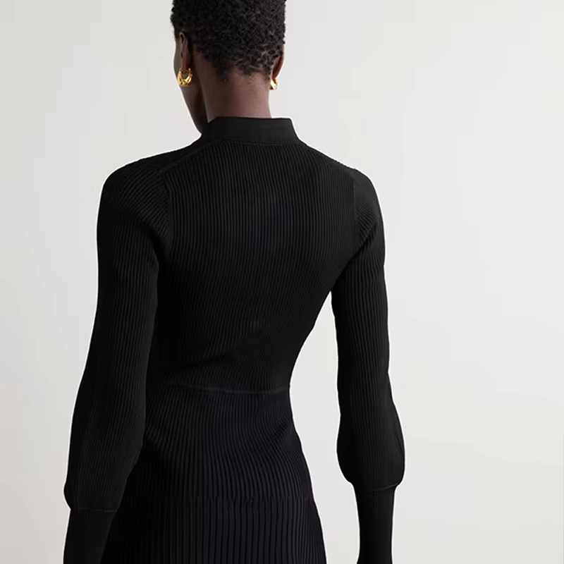 Knitwear manufacturer custom autumn winter black polo collar long sleeved ribbed knitted women's sweater dress