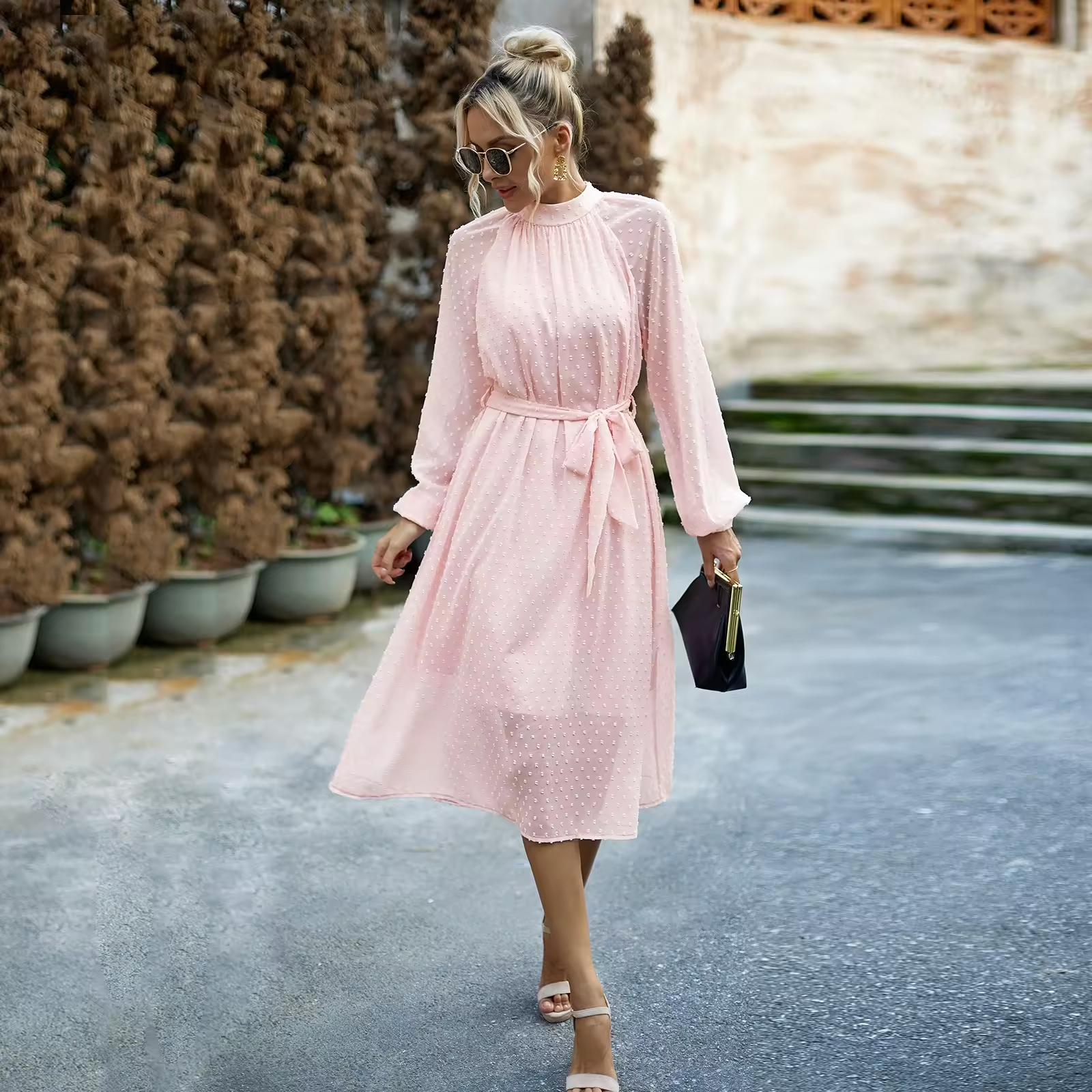 Elegant Long Sleeve Sexy Women s Fashion Hawaiian Chiffon Maxi Dress With Sleeves High O-Neck Flowy Swing Dress