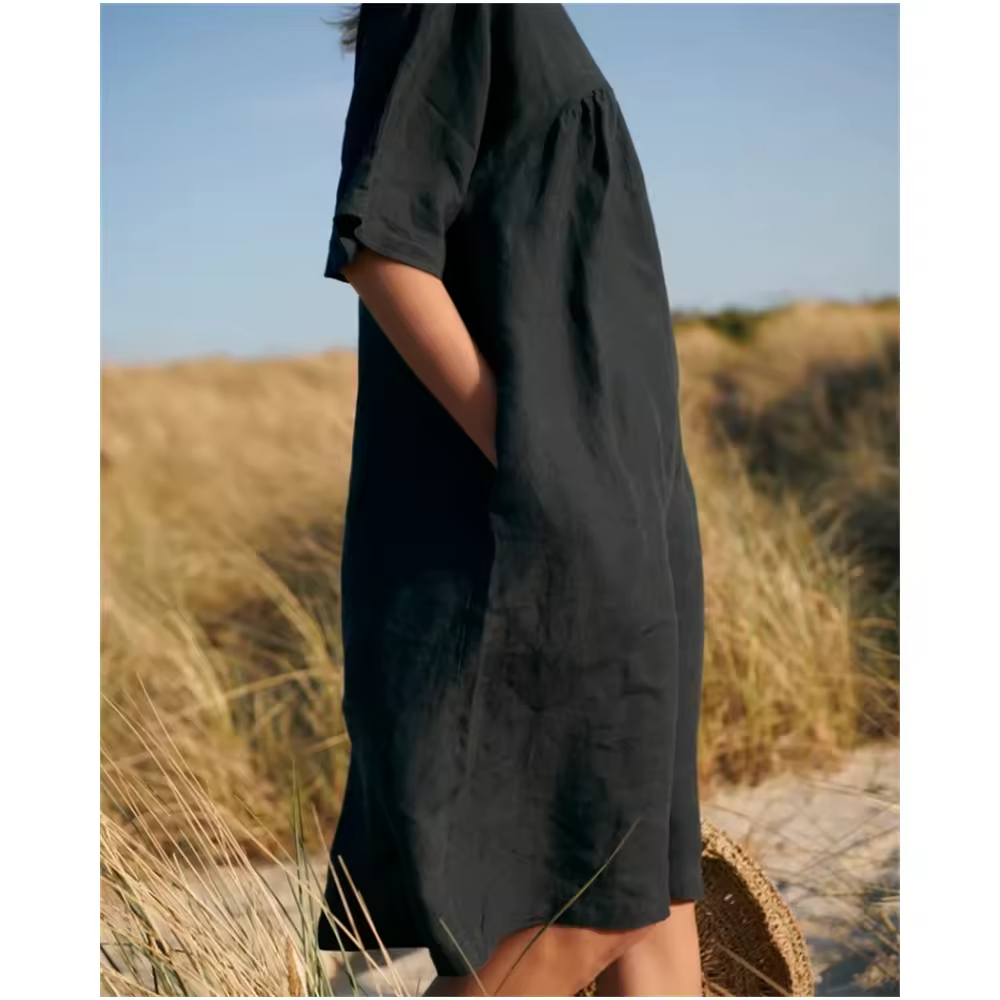 Custom Women Cotton Linen Casual Loose Maxi summer Beach Cover Up Button Long Sleeve Blouse Tunic Tops Cover Up Bikini Dress
