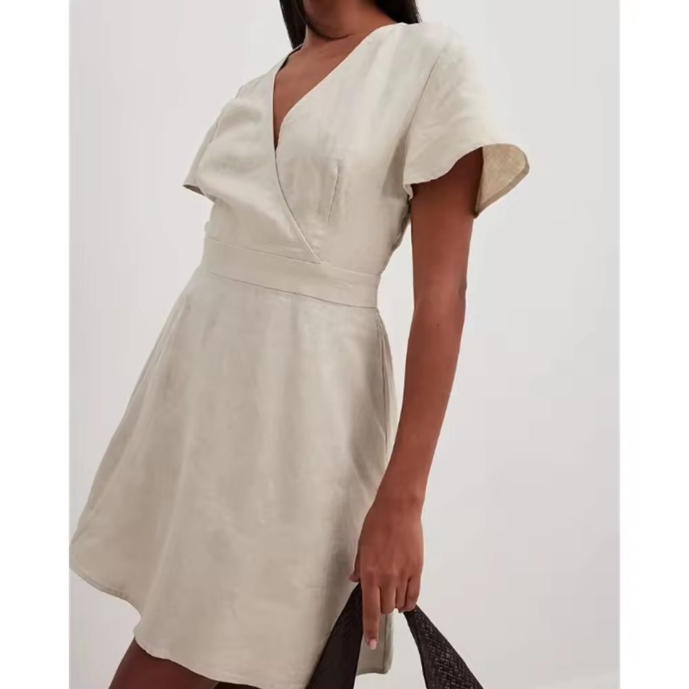 Factory wholesale Pretty cute summer dresses Linen cotton Flowy Tie Back Mini casual Dress for women