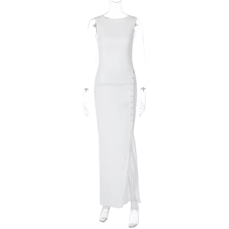 New Summer Crew Neck High Waist Solid Maxi Long Ladies Dresses Fashion Buttoned Slit Bodycon Sleeveless White Tank Dress Women