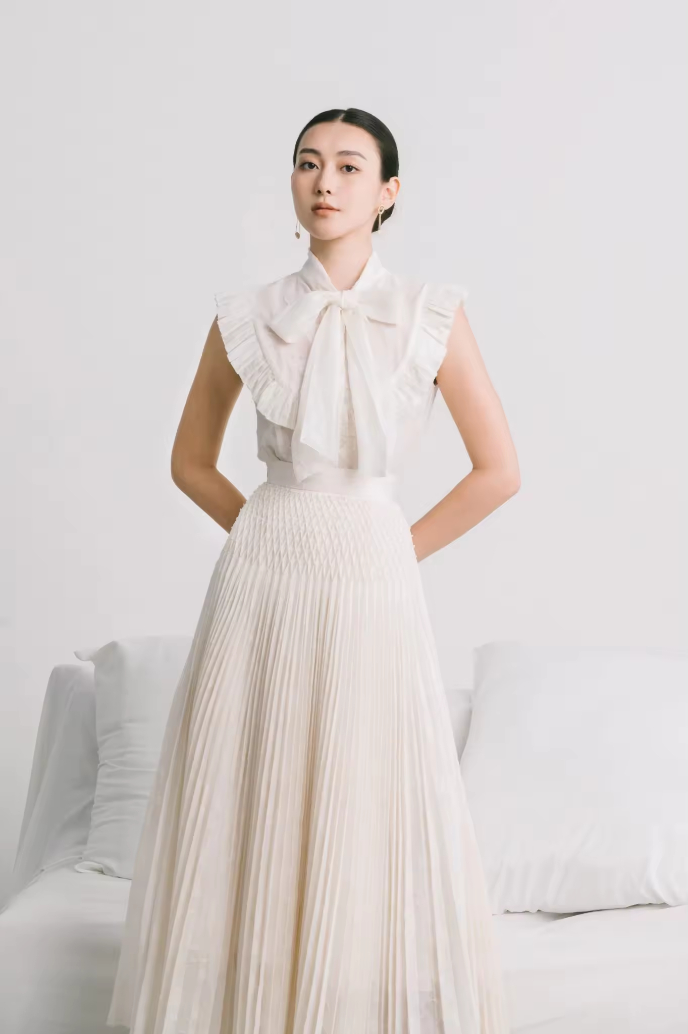 Luxury Attractive Formal Clothing Set LUNA PLEATED TOP Burnout Cotton Fabric 35% SILK 65% COTTON Women's Blouses Shirts