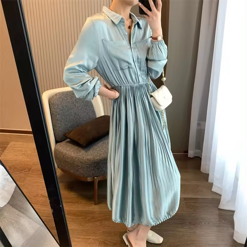 New Autumn Dress Japan Korean Style versatile Elegant Long Sleeve mid length satin shirt pleated Casual dress for Lady