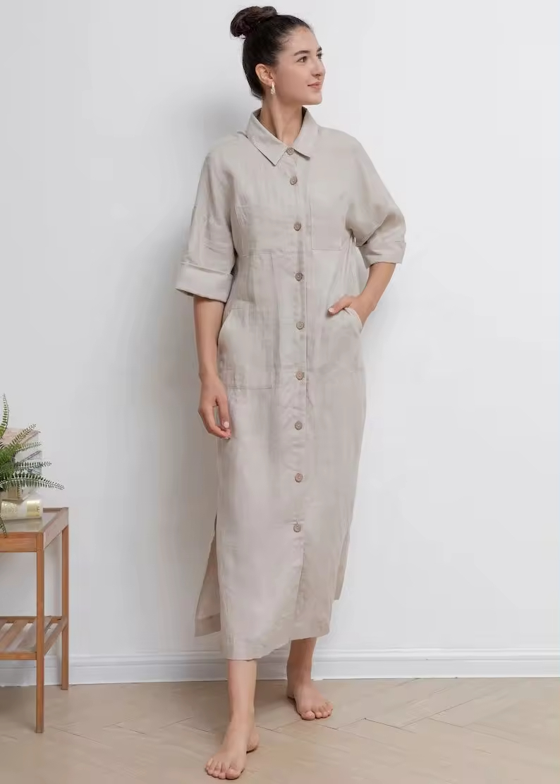 New Arrival Cotton Fabric Dress for Women Button Down Dress Short Sleeve V Neck Casual Shirt Cover up Dress For Women