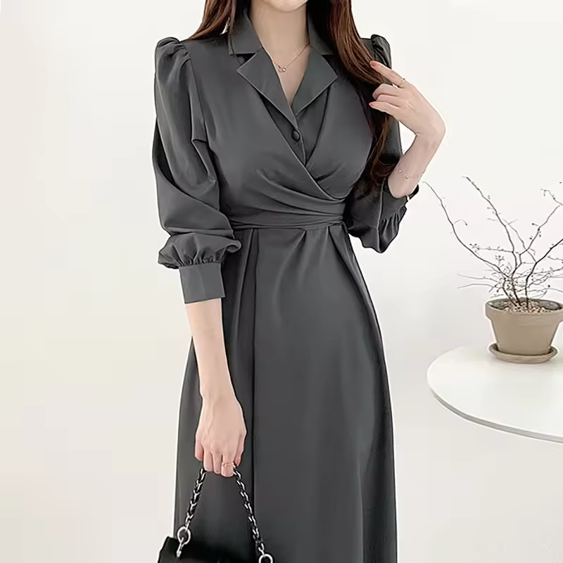 Boutique Wholesale Solid Color Cotton Spring Lapel Puff Sleeve Casual Long Sleeve Fashion Women's Dress