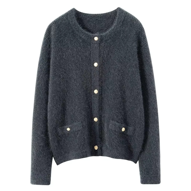 Winter crewneck cashmere cardigan women's pure cashmere knit jacket short elegant casual outerwear sweater