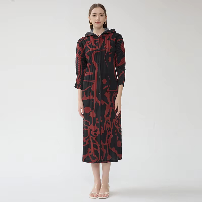 New Floral Printed Single-Breasted Pleated Hooded Dress Sun Proof Dress Casual Lady Slim Maillard Long Women's Clothing