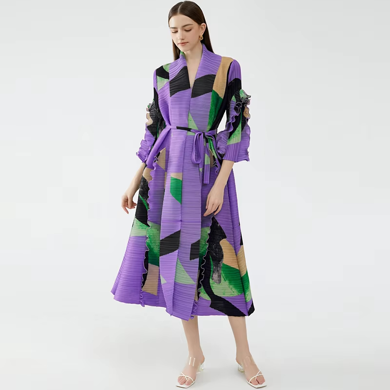 2024 Hotsale Open Long Dress Coat Ruffled Sleeves Luxury Pleated Clothing Color Blocking Women's dress