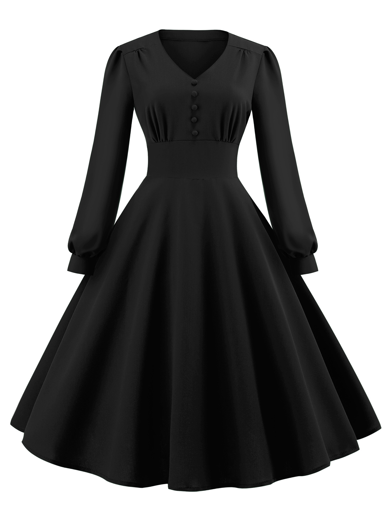 V-neck retro long sleeved button up large swing women dress