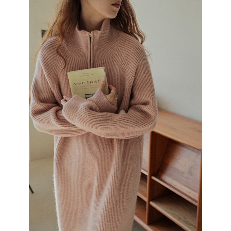 Women's Casual Dresses Autumn and Winter Knee-Length Sweater Skirt with Lazy Wind Loose Lapel Bottoming Knit Design