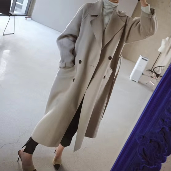 Cashmere Long Loose Coat Beige Wool Coat Windproof Coat Mid-length Winter Womens Fur Casual Polyester Knitted Thick
