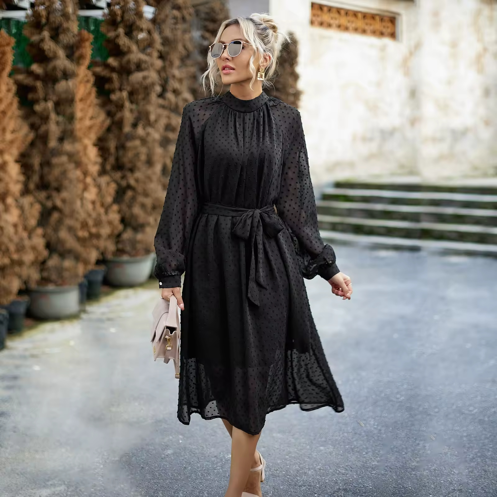 Elegant Long Sleeve Sexy Women s Fashion Hawaiian Chiffon Maxi Dress With Sleeves High O-Neck Flowy Swing Dress