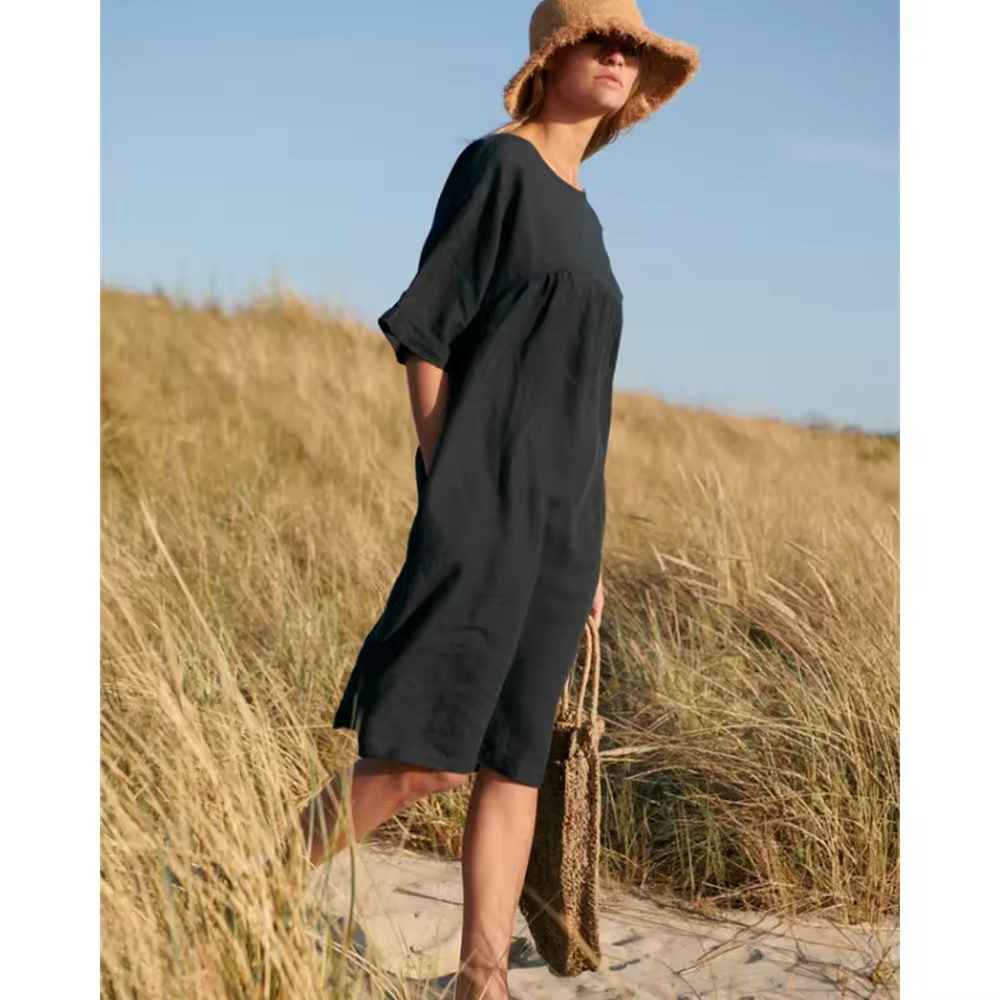 Custom Women Cotton Linen Casual Loose Maxi summer Beach Cover Up Button Long Sleeve Blouse Tunic Tops Cover Up Bikini Dress