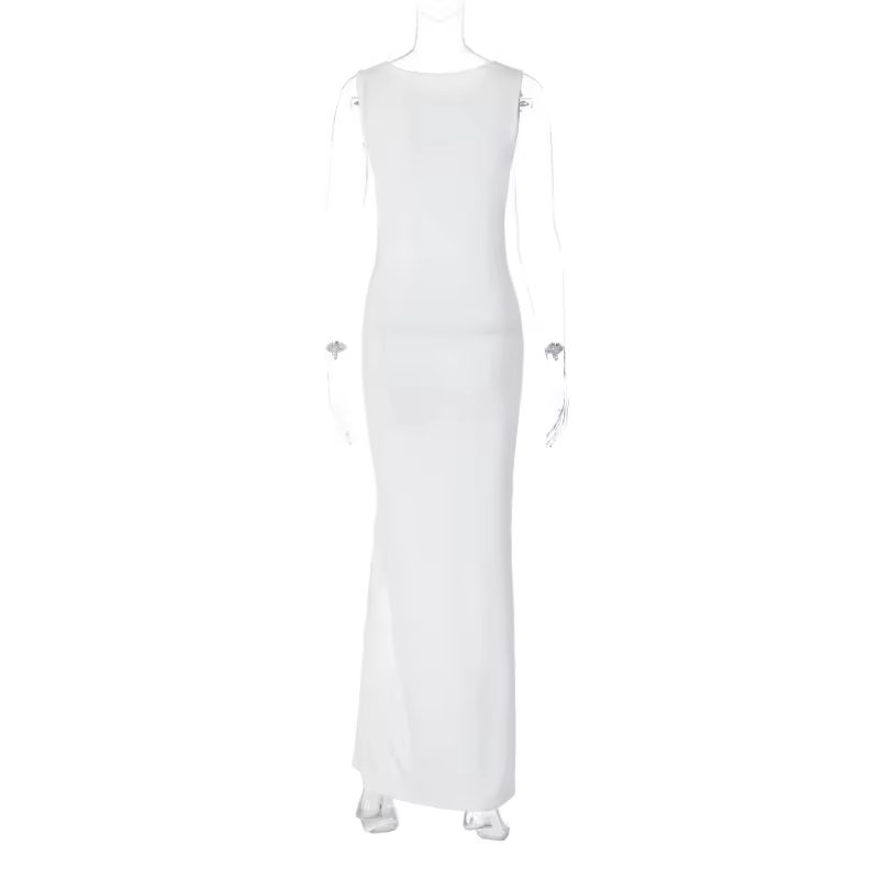 New Summer Crew Neck High Waist Solid Maxi Long Ladies Dresses Fashion Buttoned Slit Bodycon Sleeveless White Tank Dress Women