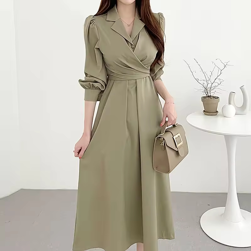Boutique Wholesale Solid Color Cotton Spring Lapel Puff Sleeve Casual Long Sleeve Fashion Women's Dress
