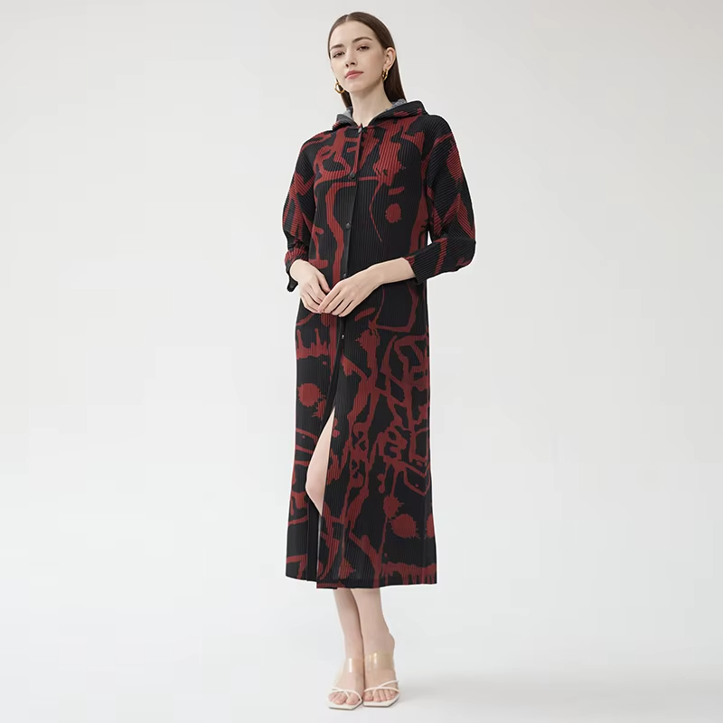 New Floral Printed Single-Breasted Pleated Hooded Dress Sun Proof Dress Casual Lady Slim Maillard Long Women's Clothing