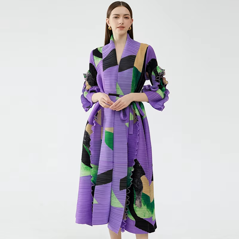 2024 Hotsale Open Long Dress Coat Ruffled Sleeves Luxury Pleated Clothing Color Blocking Women's dress