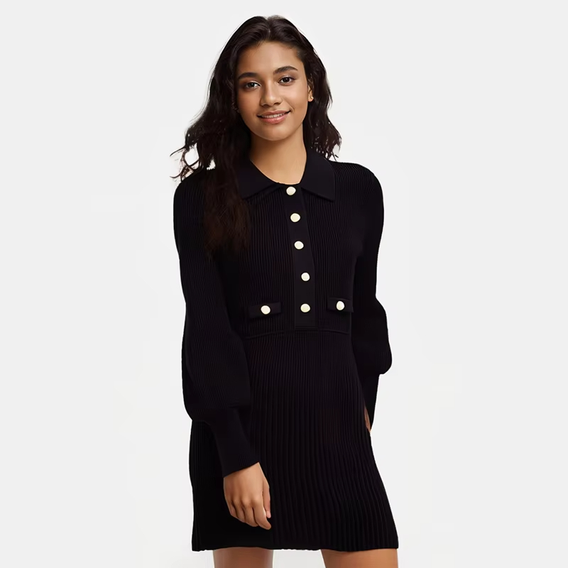 Knitwear manufacturer custom autumn winter black polo collar long sleeved ribbed knitted women's sweater dress