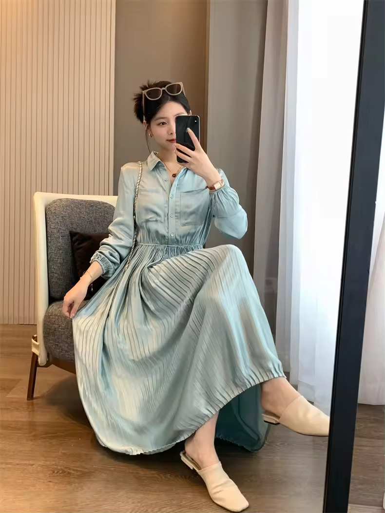New Autumn Dress Japan Korean Style versatile Elegant Long Sleeve mid length satin shirt pleated Casual dress for Lady