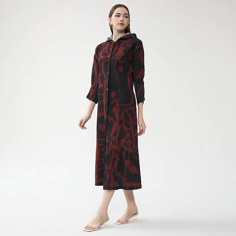 New Floral Printed Single-Breasted Pleated Hooded Dress Sun Proof Dress Casual Lady Slim Maillard Long Women's Clothing