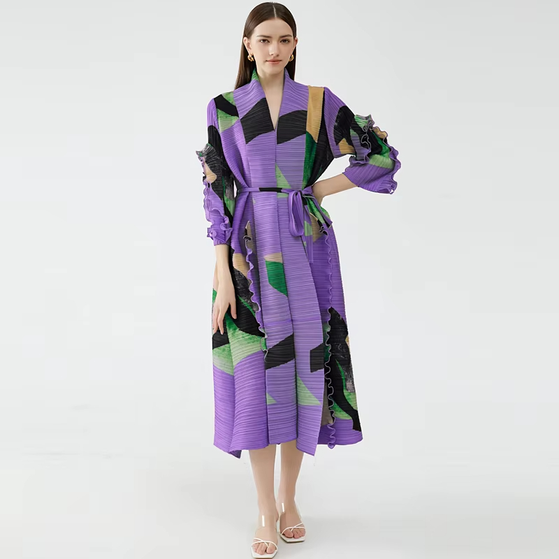 2024 Hotsale Open Long Dress Coat Ruffled Sleeves Luxury Pleated Clothing Color Blocking Women's dress