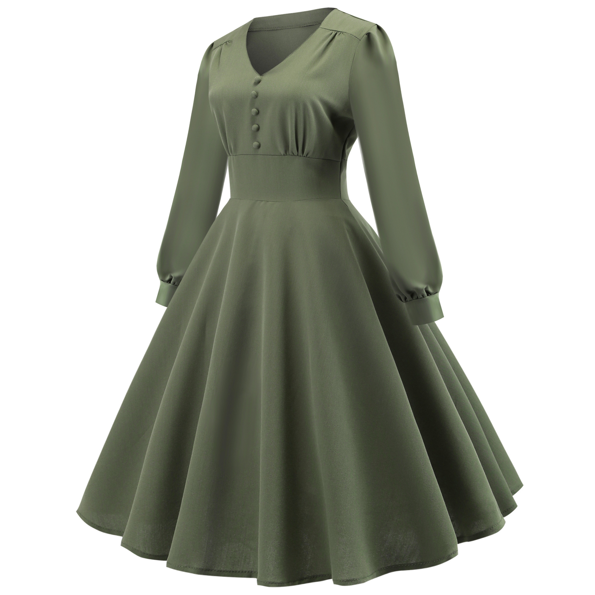V-neck retro long sleeved button up large swing women dress