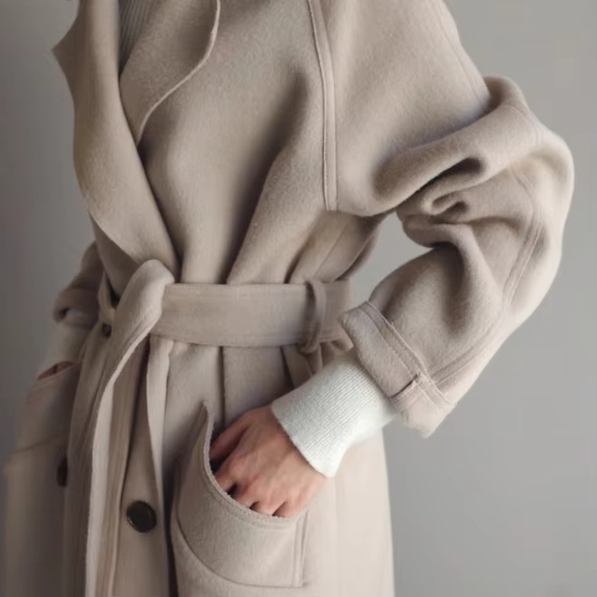 Cashmere Long Loose Coat Beige Wool Coat Windproof Coat Mid-length Winter Womens Fur Casual Polyester Knitted Thick