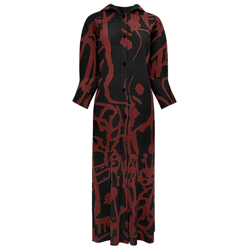 New Floral Printed Single-Breasted Pleated Hooded Dress Sun Proof Dress Casual Lady Slim Maillard Long Women's Clothing