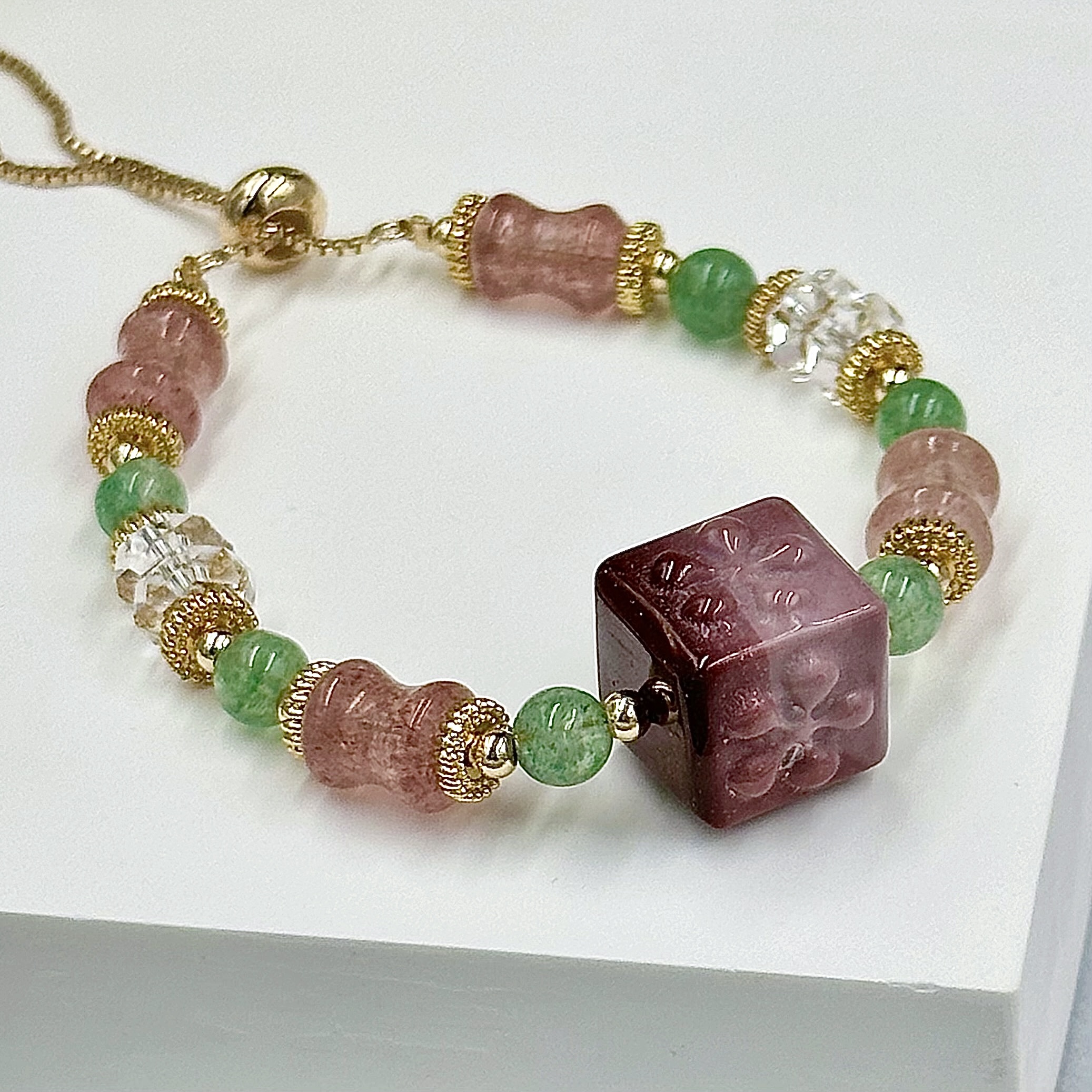 Alashan Flower Cube With Strawberry Quartz Push-Pull Bracelet