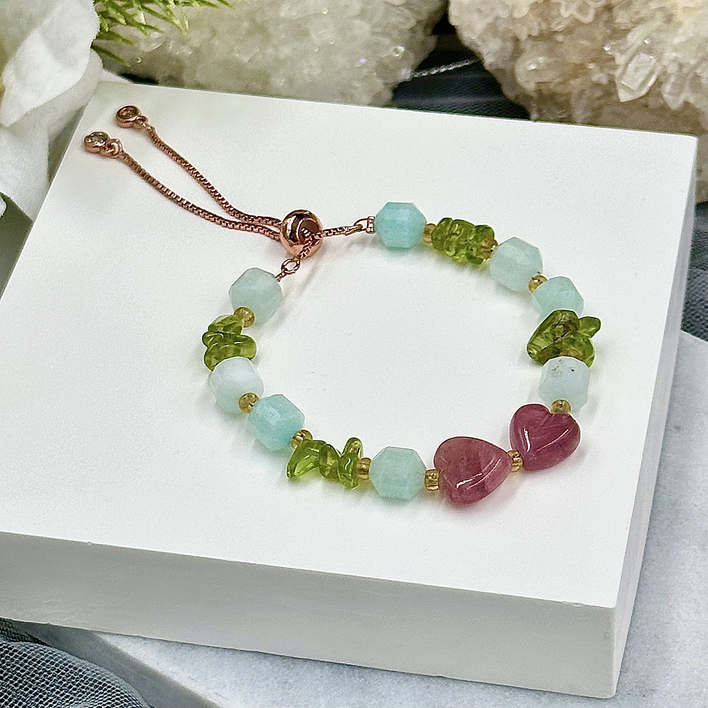 Aquamarine Hexagonal With Peridot Push-Pull Bracelet