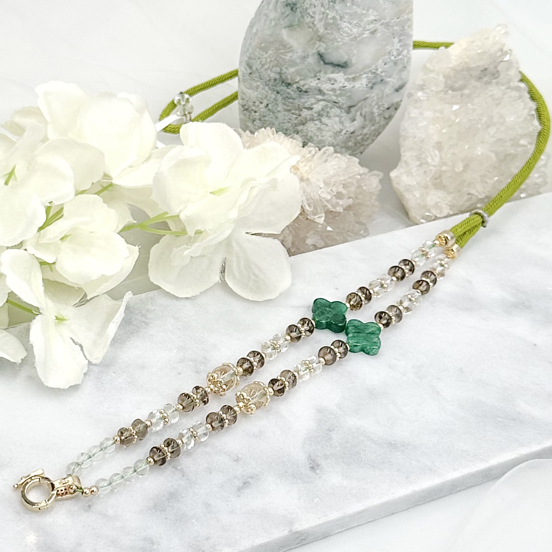 Green Aventurine Clover Smokey Qaurtz & Clear Qaurtz CRZnecklace