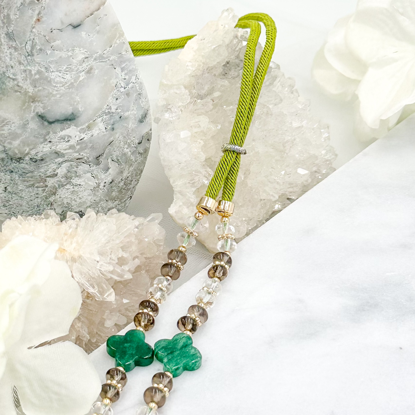 Green Aventurine Clover Smokey Qaurtz & Clear Qaurtz CRZnecklace