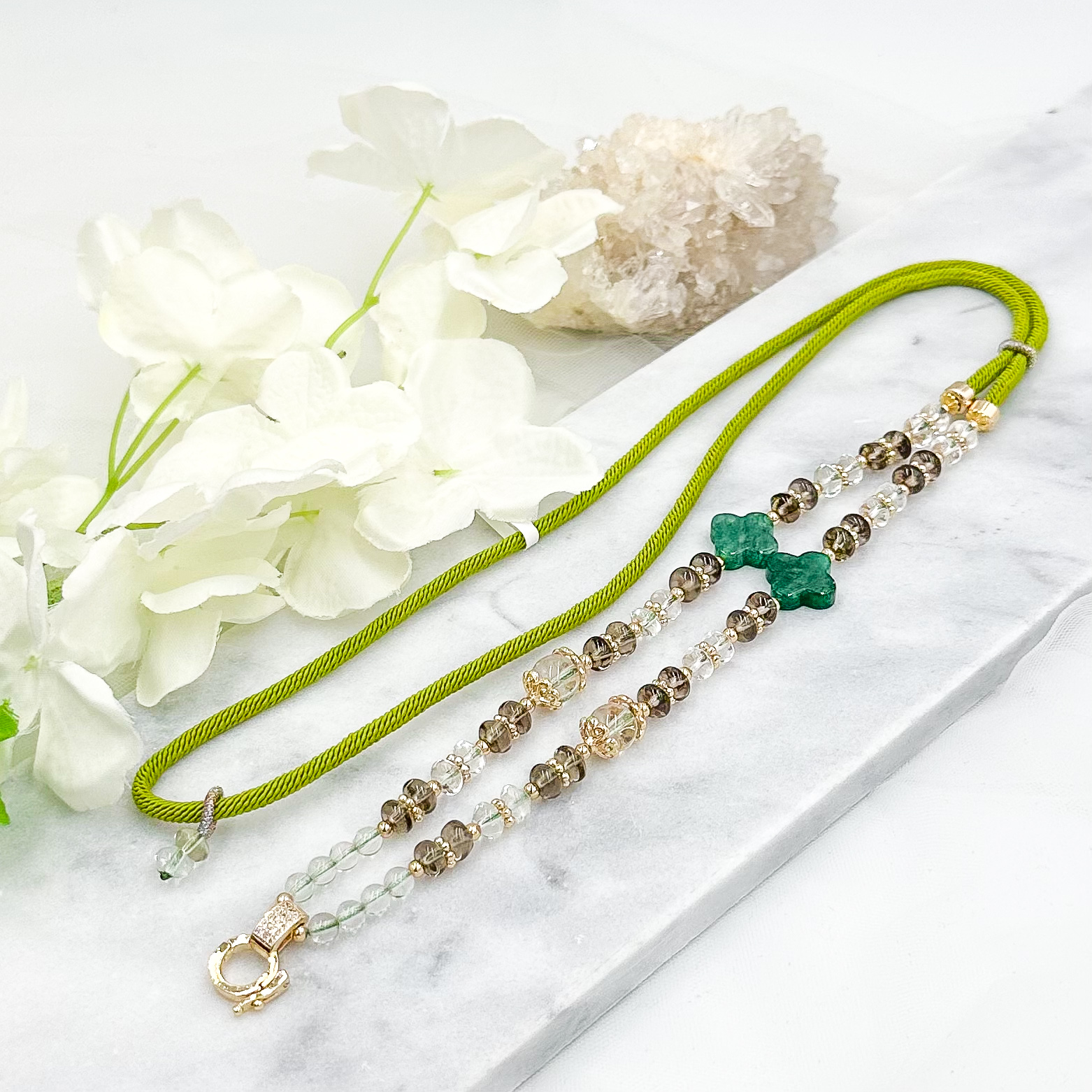 Green Aventurine Clover Smokey Qaurtz & Clear Qaurtz CRZnecklace
