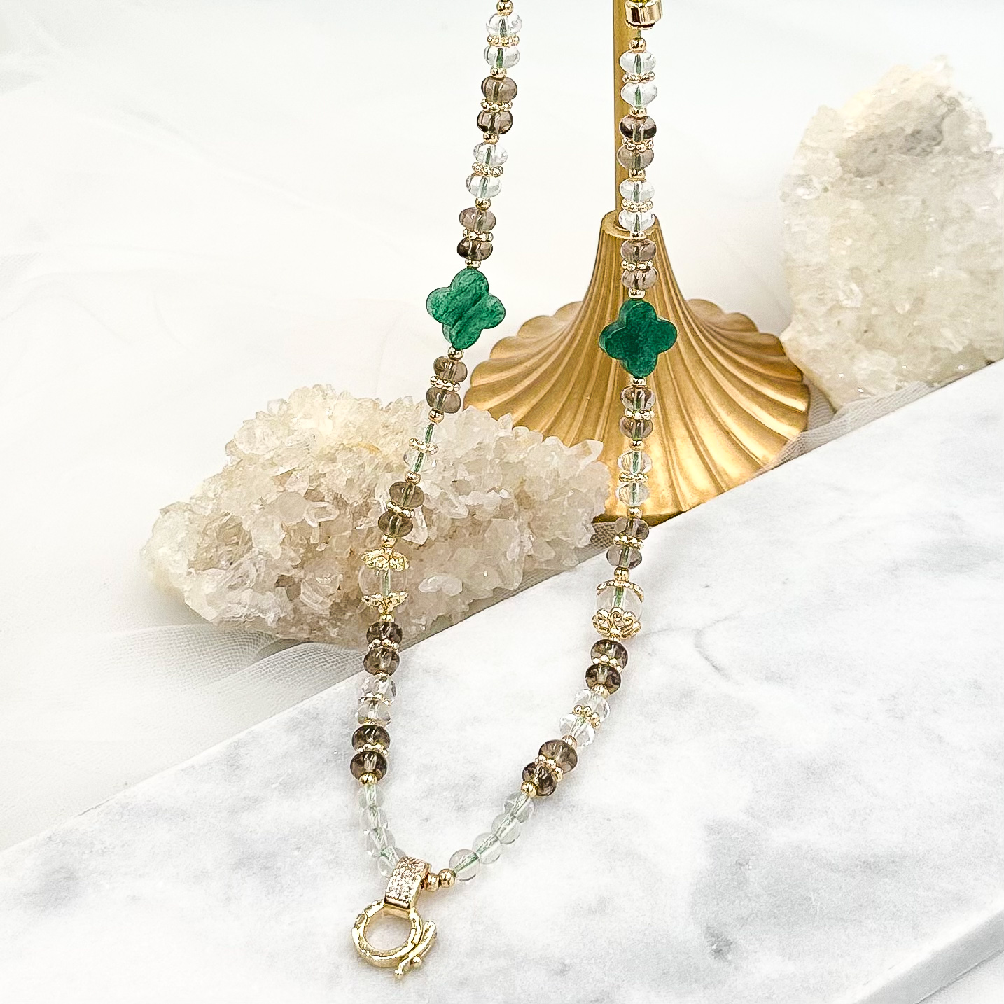 Green Aventurine Clover Smokey Qaurtz & Clear Qaurtz CRZnecklace
